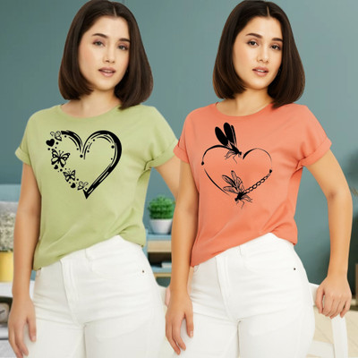 Kintu Parantu Graphic Print Women Round Neck Green, Pink T-Shirt