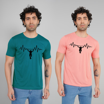 FABVIO PLUS Printed Men Round Neck Blue, Pink T-Shirt