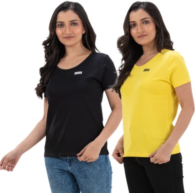 STYLE AK Solid Women Round Neck Black, Yellow T-Shirt