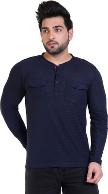 James Hamilton Solid Men Henley Neck Navy Blue T-Shirt