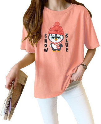 INFIRAX Cartoon Women Round Neck Blue T-Shirt