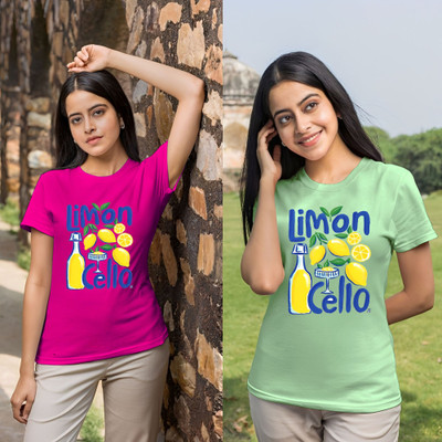 Lecowar Graphic Print Women Round Neck Pink, Green T-Shirt