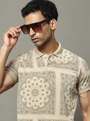 OGEN Printed Men Polo Neck Beige T-Shirt