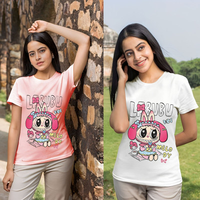 Lecowar Printed Women Round Neck Pink, White T-Shirt