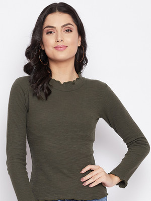 Harbor N Bay Self Design Women Round Neck Dark Green T-Shirt