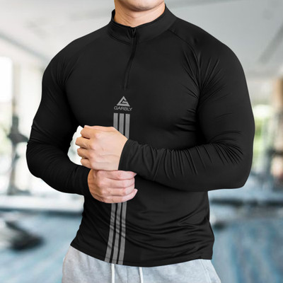 BELACHY Striped Men Henley Neck Black T-Shirt