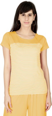 Feather Feel Striped Women Round Neck Orange T-Shirt