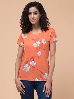 HouseOfCommon Printed Women Round Neck Orange T-Shirt
