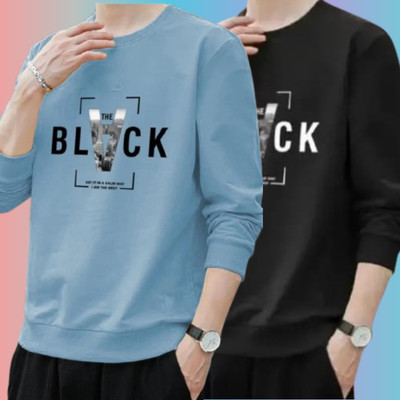 Printed Men Blue, Black T-Shirt(Pack of 2)
