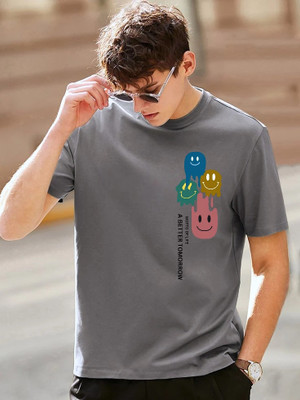 Velvawear Printed Men Round Neck Grey T-Shirt