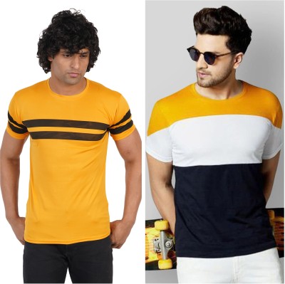 Oishee Colorblock, Striped Men Round Neck Yellow T-Shirt