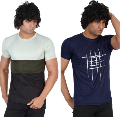 Meetri Colorblock Men Round Neck Light Green, Dark Blue T-Shirt