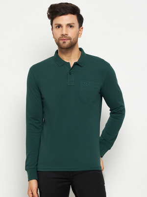 98 Degree North Solid Men Polo Neck Dark Green T-Shirt