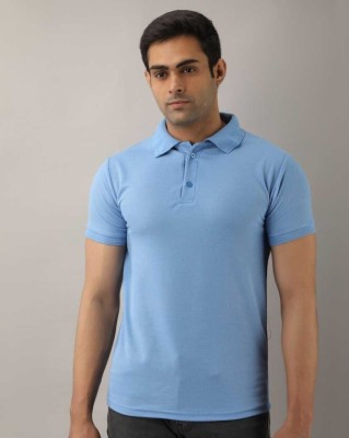 Silver Swan Solid Men Polo Neck Light Blue T-Shirt