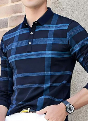 Autna Checkered Men Polo Neck Navy Blue T-Shirt