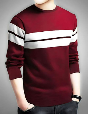 FASHIUM Striped Men Round Neck Maroon T-Shirt