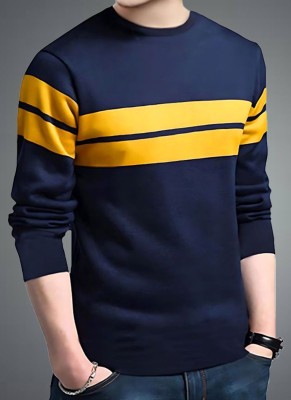 FASHIUM Striped Men Round Neck Navy Blue, Yellow T-Shirt