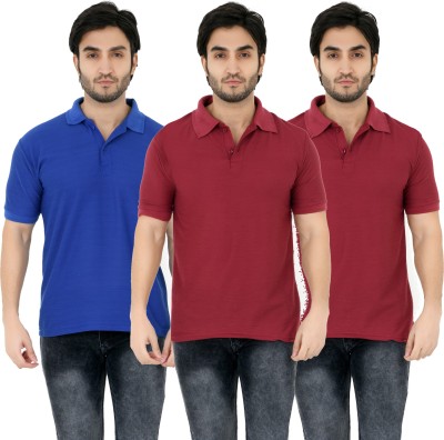 YUALIN CREATION Solid Men Polo Neck Maroon, Blue T-Shirt