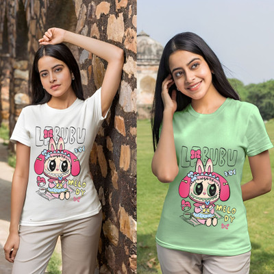 Lecowar Printed Women Round Neck White, Green T-Shirt