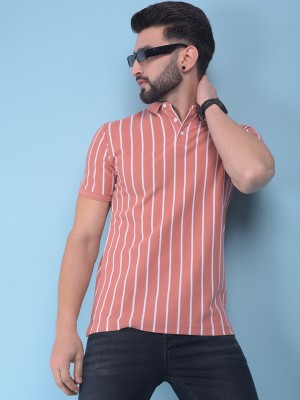 CRIMSOUNE CLUB Striped Men Polo Neck Orange T-Shirt