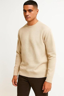 Theboy Solid Men Round Neck Beige T-Shirt