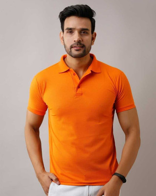 INKKR Solid Men Polo Neck Orange T-Shirt