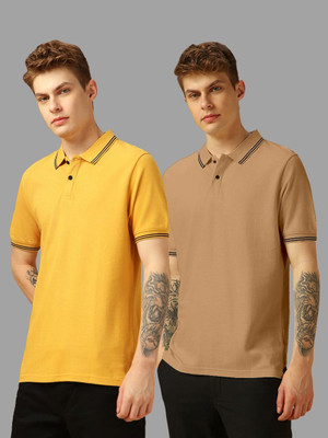 TIGERSNAKE Solid Men Polo Neck Yellow, Brown T-Shirt