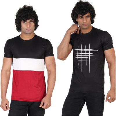 Oishee Colorblock, Striped Men Round Neck Multicolor, Black T-Shirt