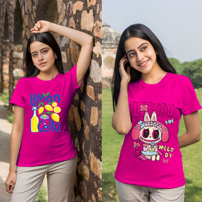 Lecowar Graphic Print Women Round Neck Pink T-Shirt