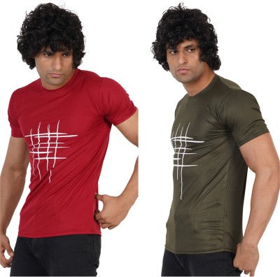 Pachirisu Striped Men Round Neck Maroon, Dark Green T-Shirt