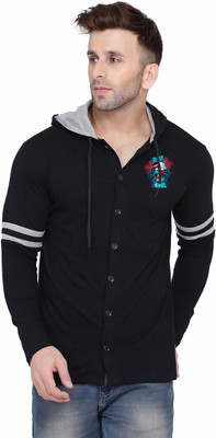 Money Leaf Solid, Printed Men Hooded Neck Black T-Shirt