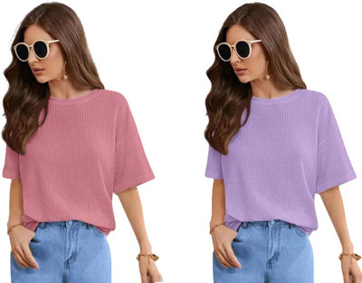 SriSaras Solid Women Round Neck Purple, Pink T-Shirt