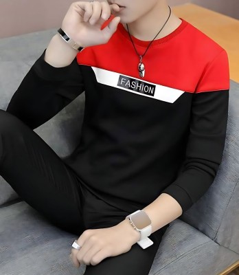 FASHIUM Solid Men Round Neck Black, Red T-Shirt