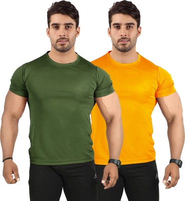 UDI n ADI Solid Men Round Neck Dark Green, Yellow T-Shirt