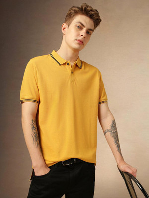 TIGERSNAKE Solid Men Polo Neck Yellow T-Shirt