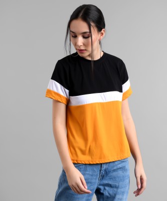 vivient Colorblock Women Round Neck Black, Yellow T-Shirt