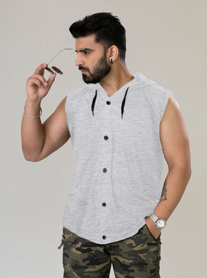 GEUM Solid Men Hooded Neck Silver T-Shirt