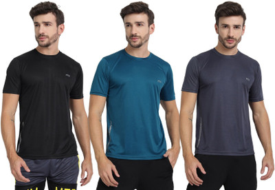 FTX Solid Men Round Neck Dark Blue, Black, Grey T-Shirt