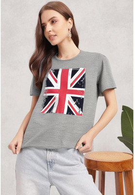 MACK JONNEY Printed Women Round Neck Grey T-Shirt