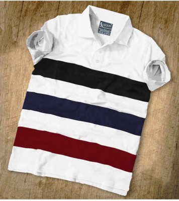 ERENAY Striped Men Polo Neck White T-Shirt