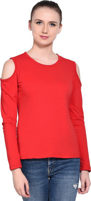 GEUM Self Design Women Round Neck Red T-Shirt