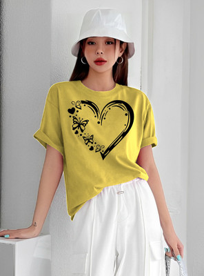 Lecowar Printed Women Round Neck Yellow T-Shirt