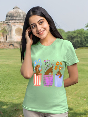 Parona Printed Women Round Neck Green T-Shirt