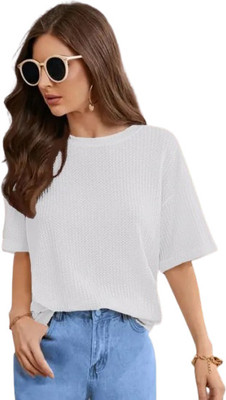 SriSaras Solid Women Round Neck White T-Shirt