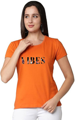 HouseOfCommon Printed Women Round Neck Orange T-Shirt