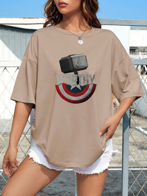 SZN Graphic Print Women Round Neck Beige T-Shirt