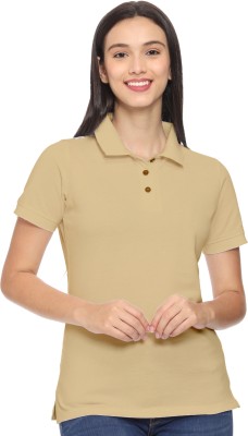 ROARERS Solid Women Polo Neck Beige T-Shirt