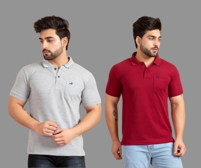 addiz Solid Men Polo Neck Maroon, Grey T-Shirt