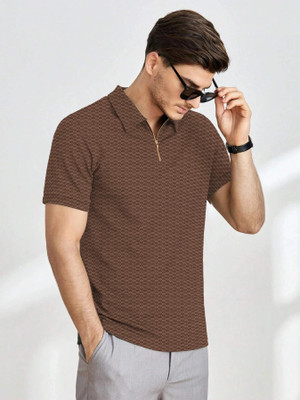 OHGORY Self Design Men Polo Neck Brown T-Shirt