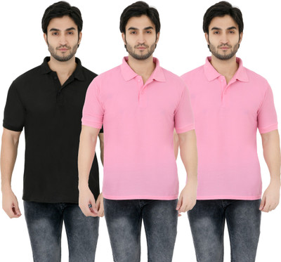 YUALIN CREATION Solid Men Polo Neck Pink T-Shirt